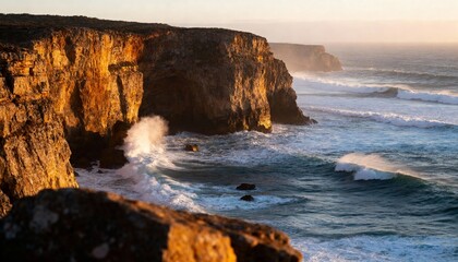 Majestic coastal cliffs illuminated by golden hour light, with powerful ocean waves crashing dramatically below.