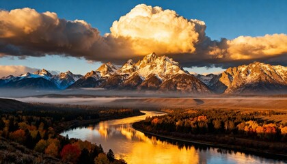 Majestic mountain landscape at golden hour sunrise, with dramatic clouds illuminating snow-capped peaks and vibrant autumn foliage along a reflective winding river.