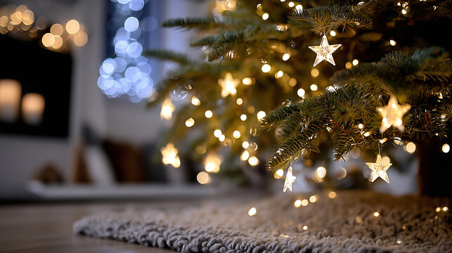 A Christmas tree glowing with warm yellow starlight, wrapped entirely in warm white LED string lights, dotted with small star-shaped lights among the branches and leaves, with a pl - Powered by Adobe
