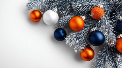 White uniform background. On the right, you can see a beautiful Christmas tree with orange, dark blue and white Christmas balls hanging on it. The balls are bright and shiny. Some