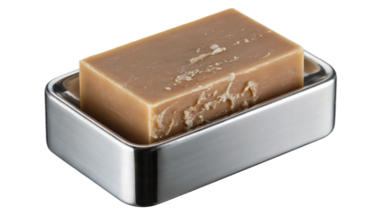 Brown soap bar in silver metal soap dish holder  Isolated on white or transparent PNG.