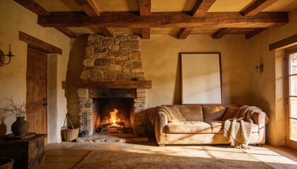 Rustic Cozy Living Room Interior with Blank Wall Art