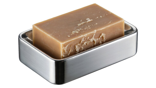Brown soap bar in silver metal soap dish holder  Isolated on white or transparent PNG.