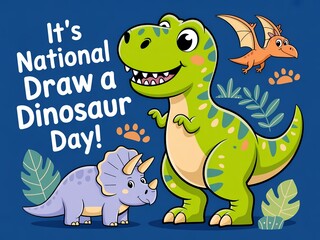 A cartoon illustration of a large green dinosaur and a small purple triceratops with a flying dinosaur and leaves on a blue background for national draw a dinosaur day