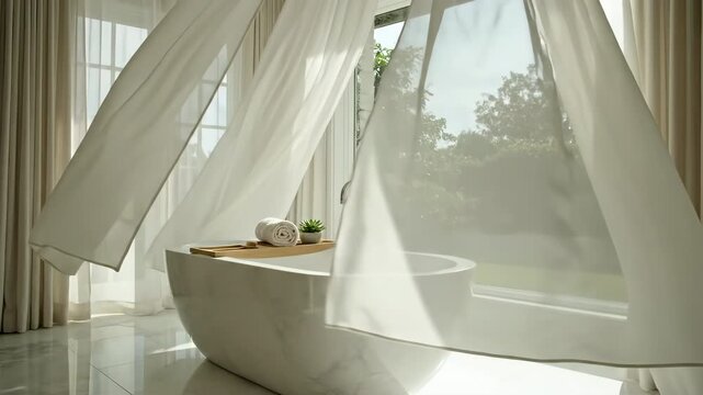 A beautiful white bridal gown and veil hang elegantly by the bedroom window with curtains in a luxury interior room prepared for the bride