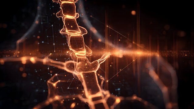 Abstract futuristic medical room with layered 3D X-ray anatomy floating in mid-air