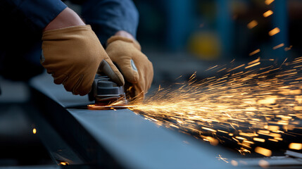 Close Up, Worker cutting steel with sparks flying in workshop