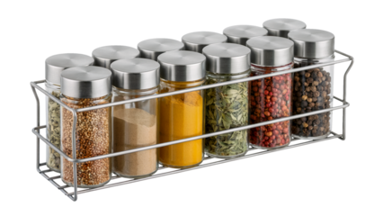 A metal rack holds glass jars filled with various spices and seasonings Isolated on white or transparent PNG.