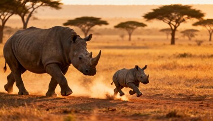 Obraz premium Powerful rhinoceros and playful calf running through dusty African savanna during golden hour sunset. A symbol of wildlife conservation and family bond.