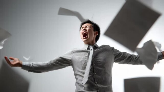 書類を投げつけて怒りを爆発させる、日本人若手ビジネスマン