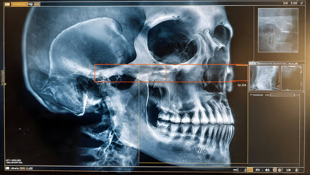 Radiology monitor showing AI-assisted joint X-ray analysis with abstract colored overlays