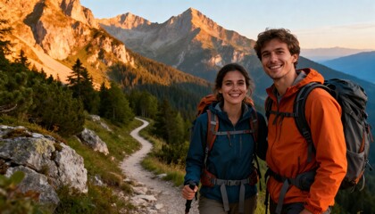 Joyful young couple smiling on a winding mountain trail, enjoying an adventurous hike at golden hour with stunning alpine peaks in the background.