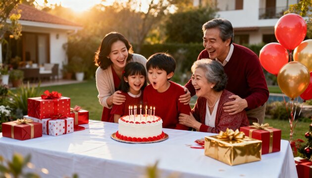 Joyful multi-generational Asian family celebrating a birthday outdoors at sunset. A young boy blows out candles on the festive cake while his happy family looks on with smiles, highlighting togethe...