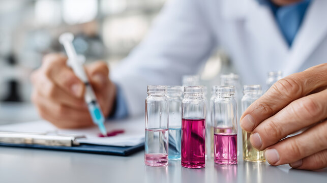 doctor in a lab working on research peptides and vials and syringes on desk