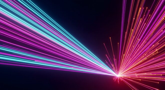 Abstract light explosion with pink and blue speed lines radiating outward. This dynamic energy background 3D render is perfect for motion and fast travel concepts.