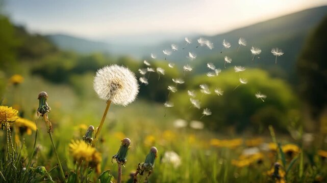 Dandelion seeds blowing in the wind across a sunny, green meadow with rolling hills in the background, 4k high quality footage