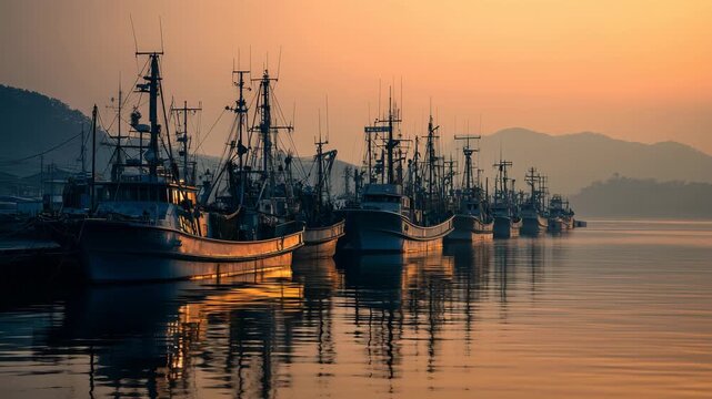 朝日に染まる日本の漁港と、停泊する漁船の群れ