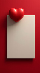 Minimalistic Red Valentine Background with White Paper Sheet and Small Glossy 3D Heart Clean Romantic Love Concept Product Mockup