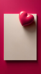 Minimalistic Pink Valentine Background with White Paper Sheet and Small Glossy 3D Heart Clean Romantic Love Concept Product Mockup
