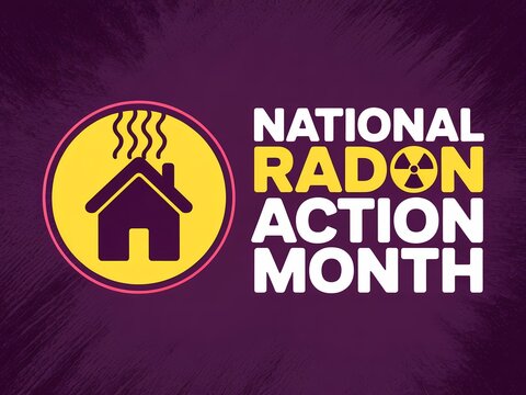 National radon action month logo with house icon on purple background