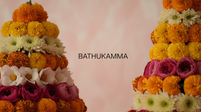 Colorful floral arrangements stacked in pyramid shapes for Bathukamma festival