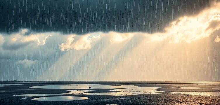 Gentle rain falling from a cloudy sky, creating puddles on the ground ,  wet ground,  cloudy