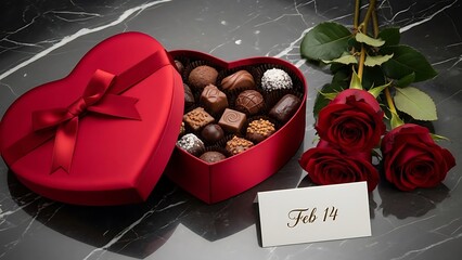 Heartshaped chocolate box, red roses, valentines day card. Perfect for romanticthemed designs, valentines day promotions, lovethemed content, and greeting cards.