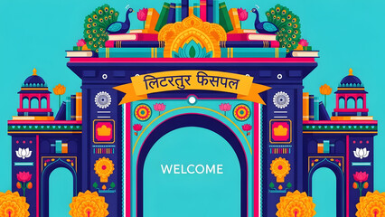 Welcoming flat design illustration of a grand decorative archway adorned with books and intricate Indian motifs, symbolizing the vibrant entrance to a lively literature festival in India, 2D vector