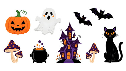 Adorable flat vector illustration set of Halloween icons including pumpkins, ghost, black cat, haunted house, bats, cauldron, and mushrooms in vibrant orange, purple, and black colors for festive seas