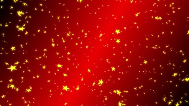 Gold stars falling down from top on red gradient background. Abstract background for Merry Christmas, Happy Holidays, Season's greetings, Happy Valentine's day and wedding ceremony.