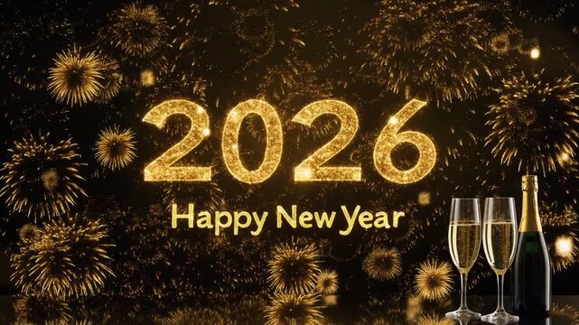 Golden sparkling "2026 Happy New Year" text with fireworks and champagne glasses celebrating the upcoming year.