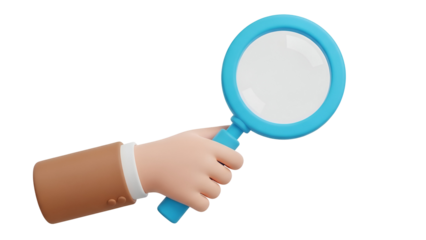A 3d stylized hand holding a bright blue magnifying glass for search and analysis.