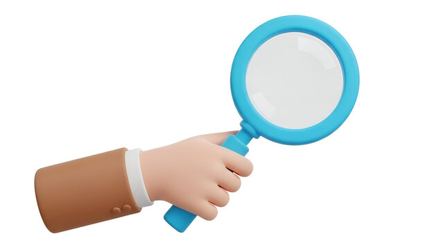 A 3d stylized hand holding a bright blue magnifying glass for search and analysis.