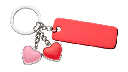 A red and pink heart keychain with a customizable blank tag on a black background