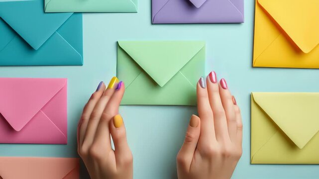 Female hands with pastel manicure arranging colorful envelopes on a flat surface, showing a clean creative stationery lifestyle moment with order and harmony