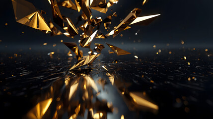 Golden geometric shard figures float in a dreamlike abstract space, suitable for backgrounds, design elements, or futuristic concepts.