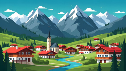 a Picturesque Bavarian Alpine Village Resting Amid Gentle Rolling Terrain and Majestic Mountain Scenery