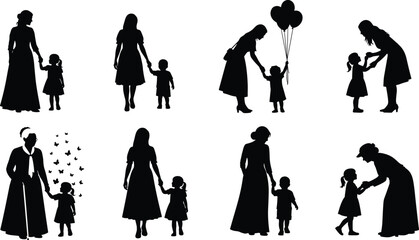 Mother and child silhouettes showing love care moments, family bonding illustration, parenting concept isolated vector