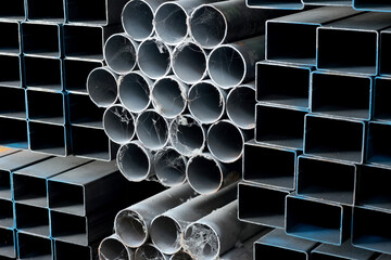 Close-up of stacked steel pipes and square hollow section profiles with visible cobwebs inside an...
