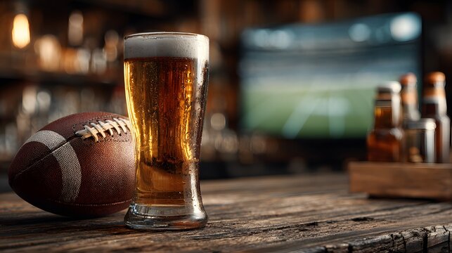 Game day setup includes an American football and a tall glass of cold beer on a wooden table with a blurred TV screen in background.