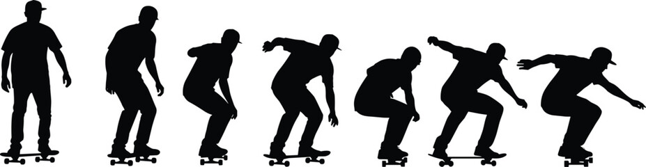 Skateboarder silhouettes performing trick sequence, skateboarding motion phases, urban extreme sport illustration, black figures