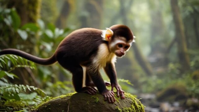 A capuchin monkey sits on a mossy rock in a lush green forest with a blurred background scene monkey video