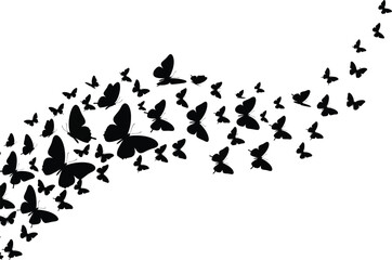 silhouettes of butterflies flying in an upward and curving path