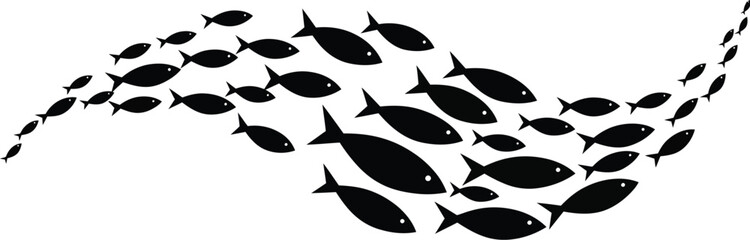 Minimalist illustration of a large school of fish creating a flowing wave shape