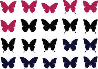 A repeating pattern of colorful butterfly silhouettes on a white background
