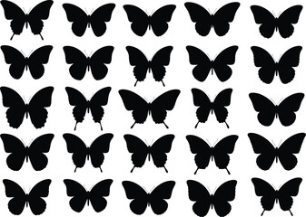 Various black butterfly silhouettes creating a repeating pattern on a plain white background © Authentic