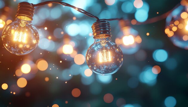 Two glowing light bulbs on a string with colorful bokeh background