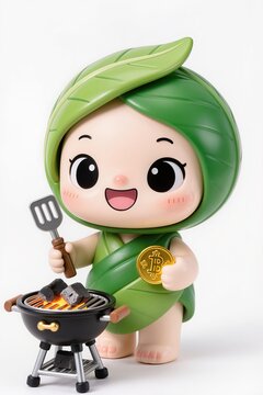 Cute chibi b&ograve; l&aacute; lốt mascot holding tiny charcoal grill and gold coin, smiling expression, glossy toy figurine on white.