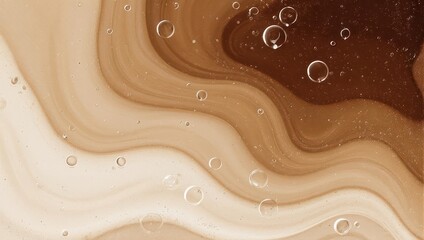 Abstract brown and beige liquid background with bubbles and wavy patterns.