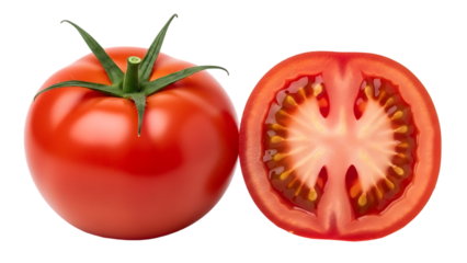 A whole ripe red tomato and a perfectly halved tomato revealing its juicy interior and seeds isolated on transparent background